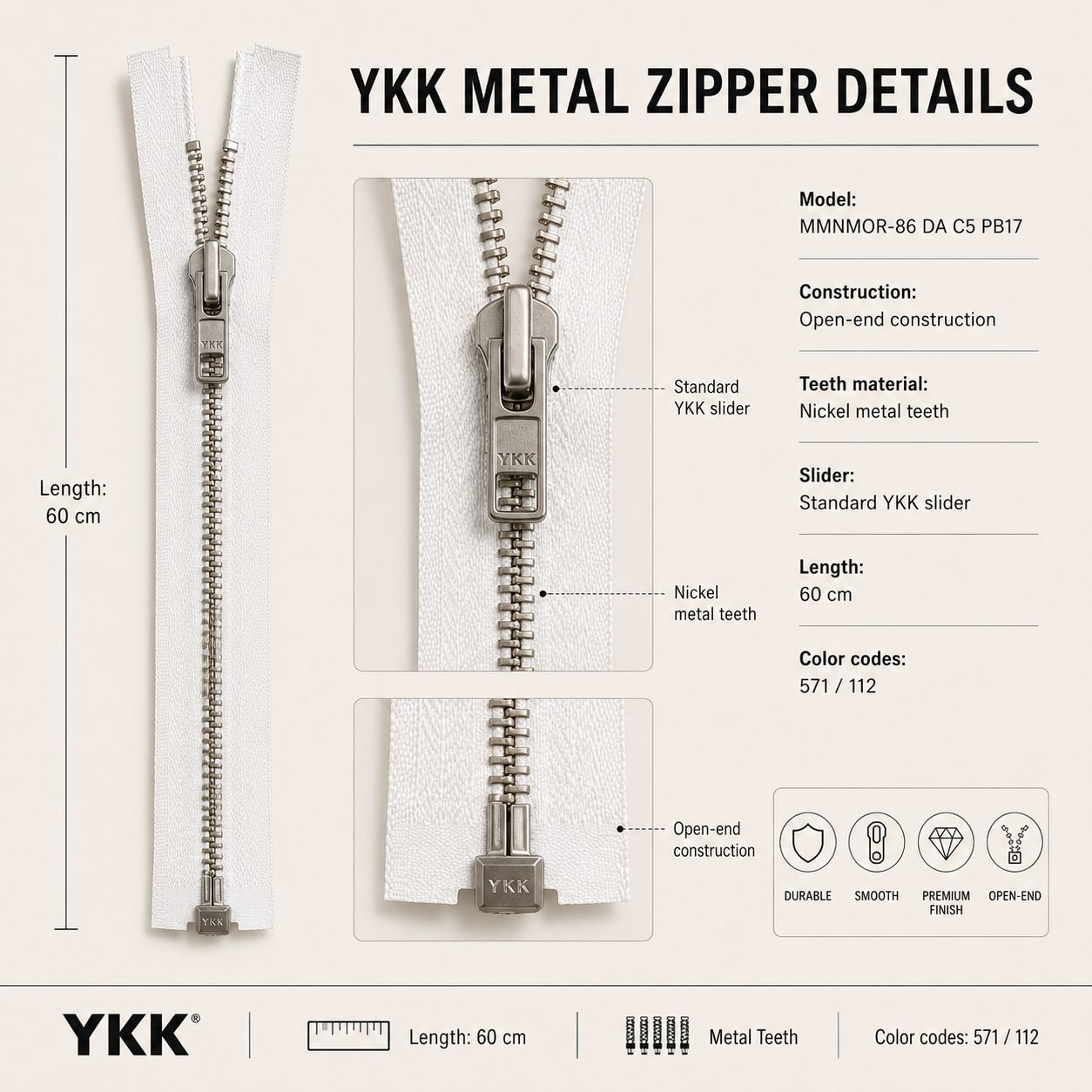MMNMOR-86 YKK Metal Zipper – Nickel Finish (Open-End) - Image 2